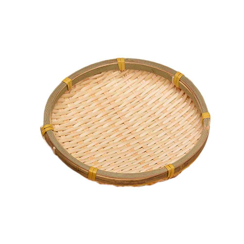 Hemoton Bamboo Woven Round Basket Tray Rustic Wood Decorative Serving Tray for Breakfast Drinks Snack Coffee Table Wall Hanging Home Decoration 18cm