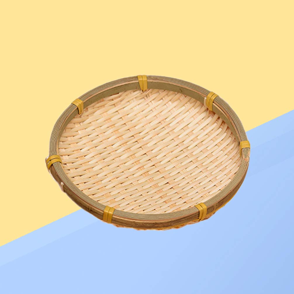 Hemoton Bamboo Woven Round Basket Tray Rustic Wood Decorative Serving Tray for Breakfast Drinks Snack Coffee Table Wall Hanging Home Decoration 18cm