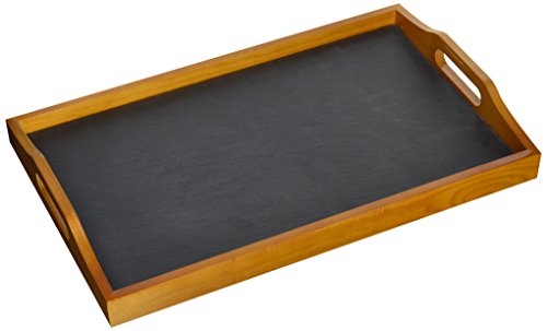 Creative Home Pine Wood and Slate Insert Rectangular Serving Tray with Handles, 9.8" L x 15.5" W, Natural Finish