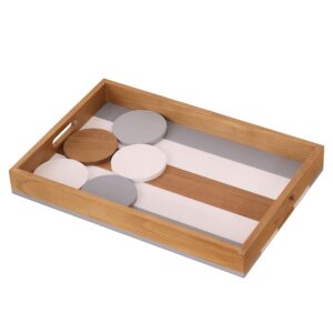 set of a 17.3 x 12.2 x 2.1 multicolor wooden serving tray with handles and 5 colorful coasters which can be used as a decorative tray for coffee bar table and an outdoor ottoman coffee table tray.