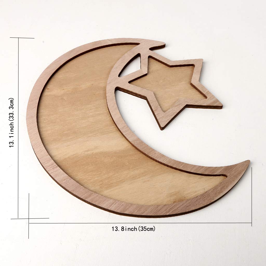 Jilin Rustic Wooden Crescent Moon Srar Eid Ramadan Party Food Serving Tableware Dessert Pastry Tray Display Holder Decor Ornament Eid Mubarak Balloon