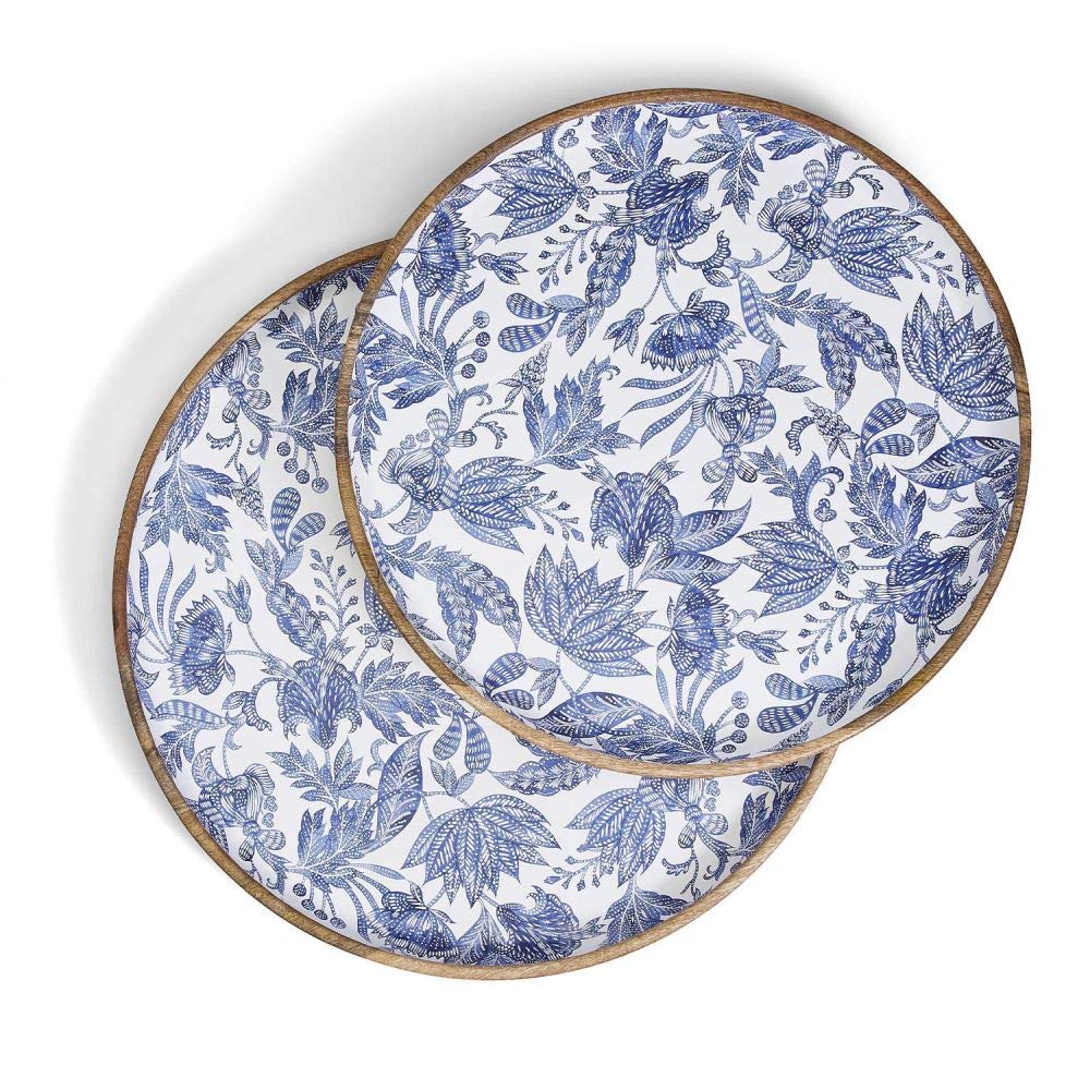 Two's Company Blue Batik Set of 2 Hand-Crafted Wood Round Trays