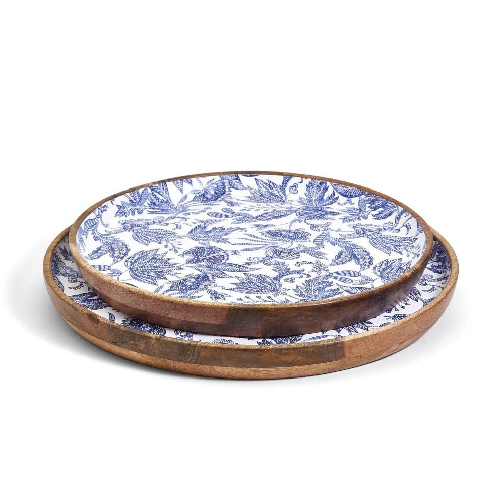 Two's Company Blue Batik Set of 2 Hand-Crafted Wood Round Trays