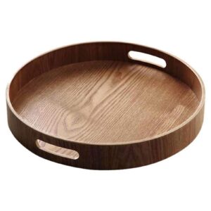 16 inch round serving tray natural bamboo wood food tray with cut-out handles for serving tea, coffee, snacks, water, drinks