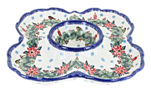 blue rose polish pottery red wreath chip & dip tray