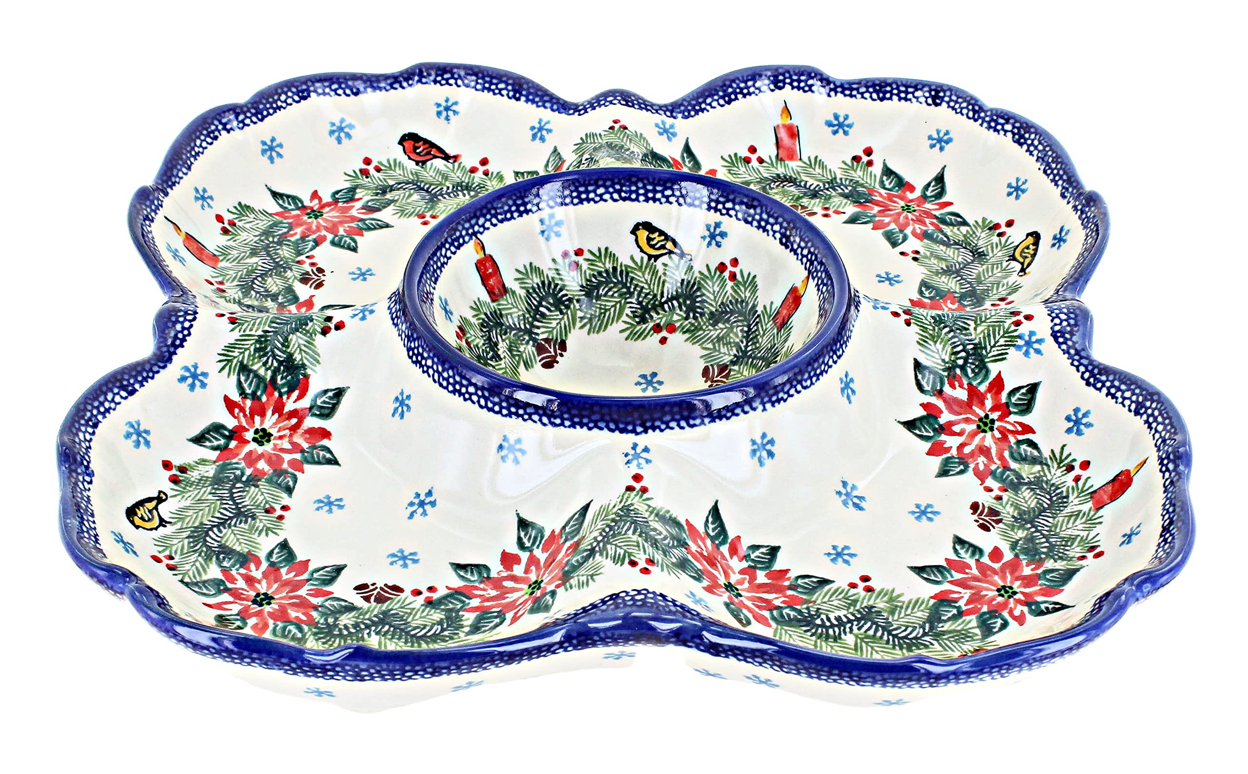 Blue Rose Polish Pottery Red Wreath Chip & Dip Tray