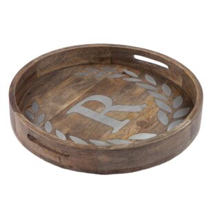 heritage collection mango wood round tray with letter"r"