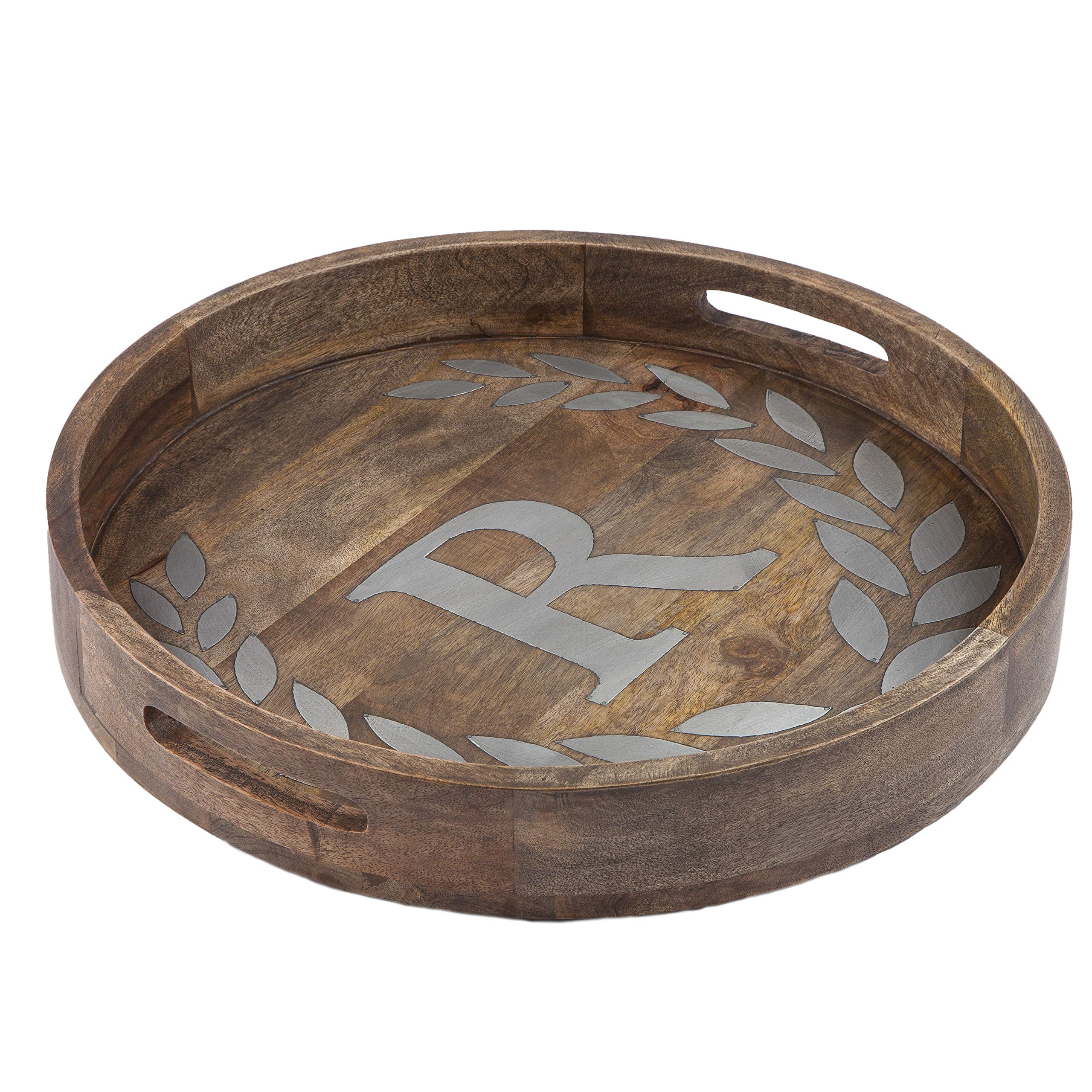 Heritage Collection Mango Wood Round Tray With Letter"R"