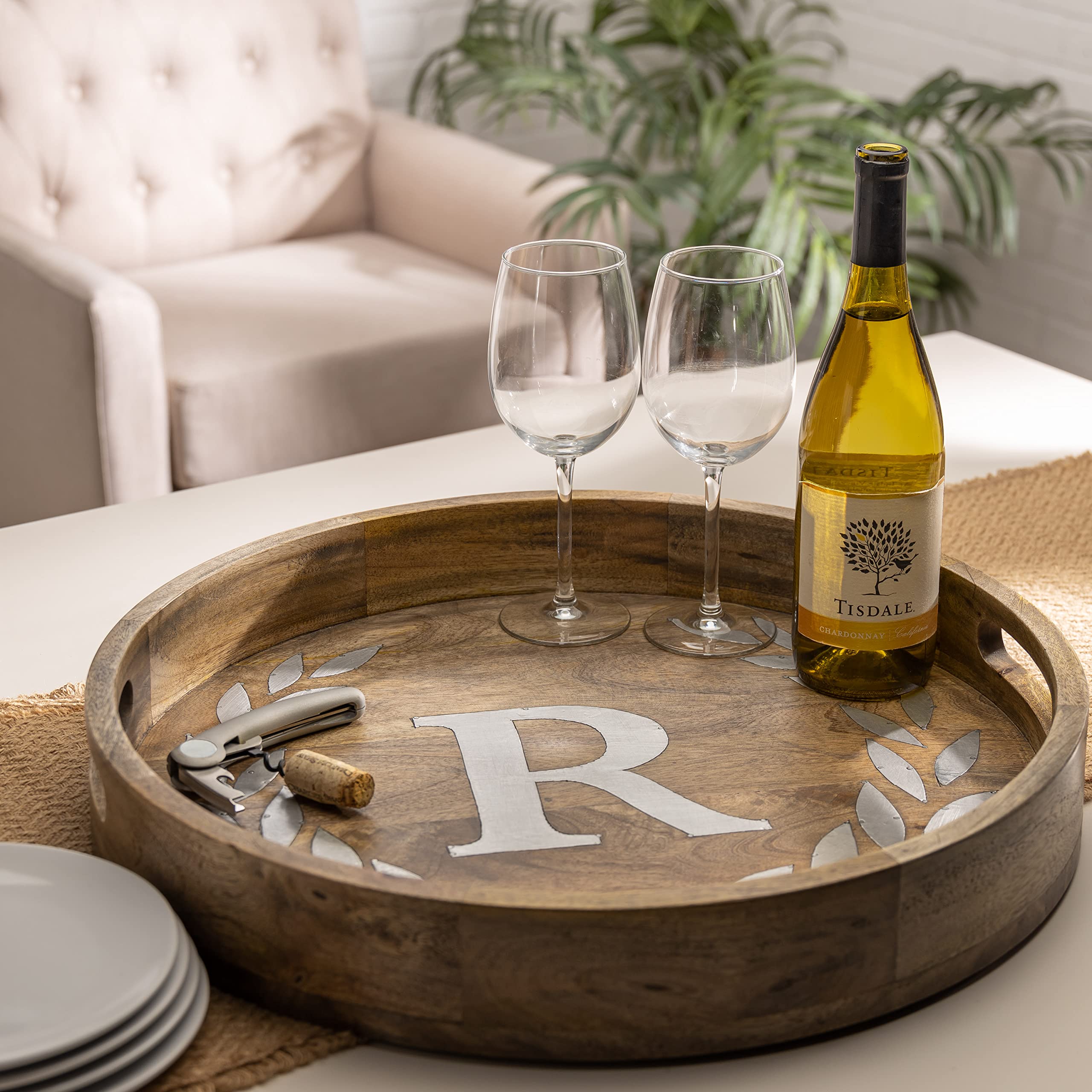 Heritage Collection Mango Wood Round Tray With Letter"R"