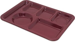 carlisle foodservice products plastic meal tray left-handed heavyweight lunch tray with 6-compartments for schools, cafeterias, and dining halls, melamine, 14 x 10 inches, dark cranberry, (pack of 12)
