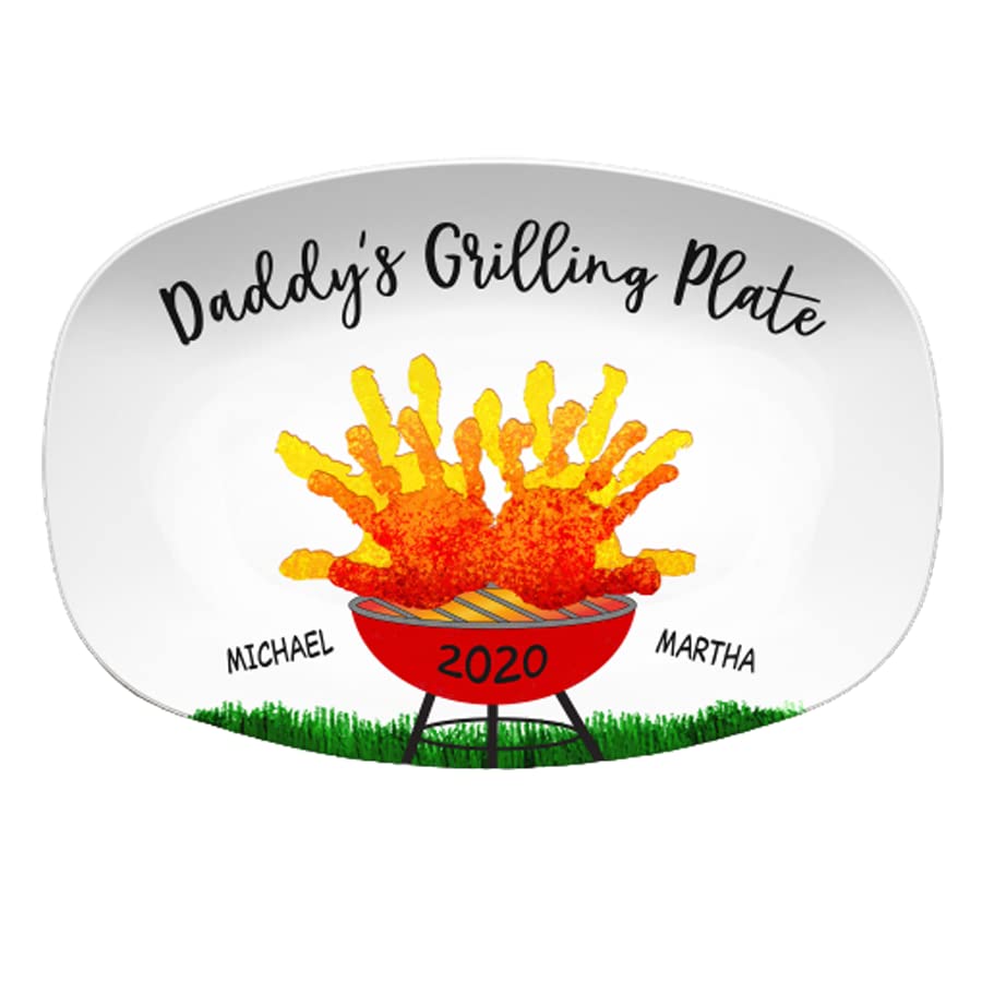 Camcam Handprint Custom Grilling Plate Personalized Platter For Father's Day Daddy's Handprints Of Dad And Son Daughter Serving Trays Plates Fish Dish, Steak, 10'' x 14''