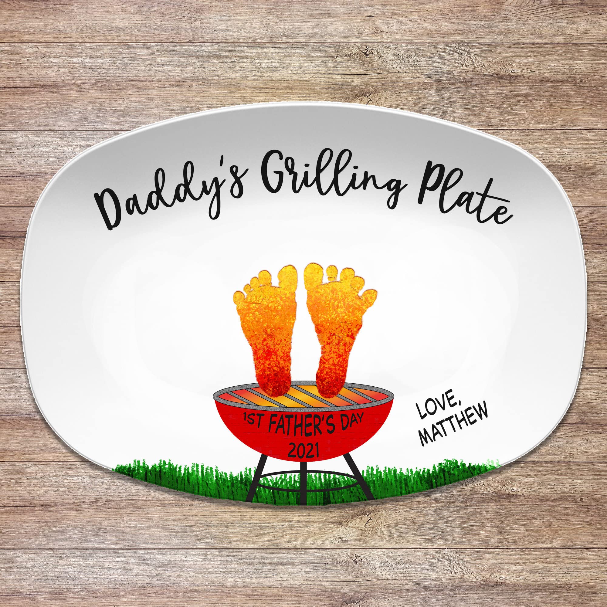 Camcam Handprint Custom Grilling Plate Personalized Platter For Father's Day Daddy's Handprints Of Dad And Son Daughter Serving Trays Plates Fish Dish, Steak, 10'' x 14''