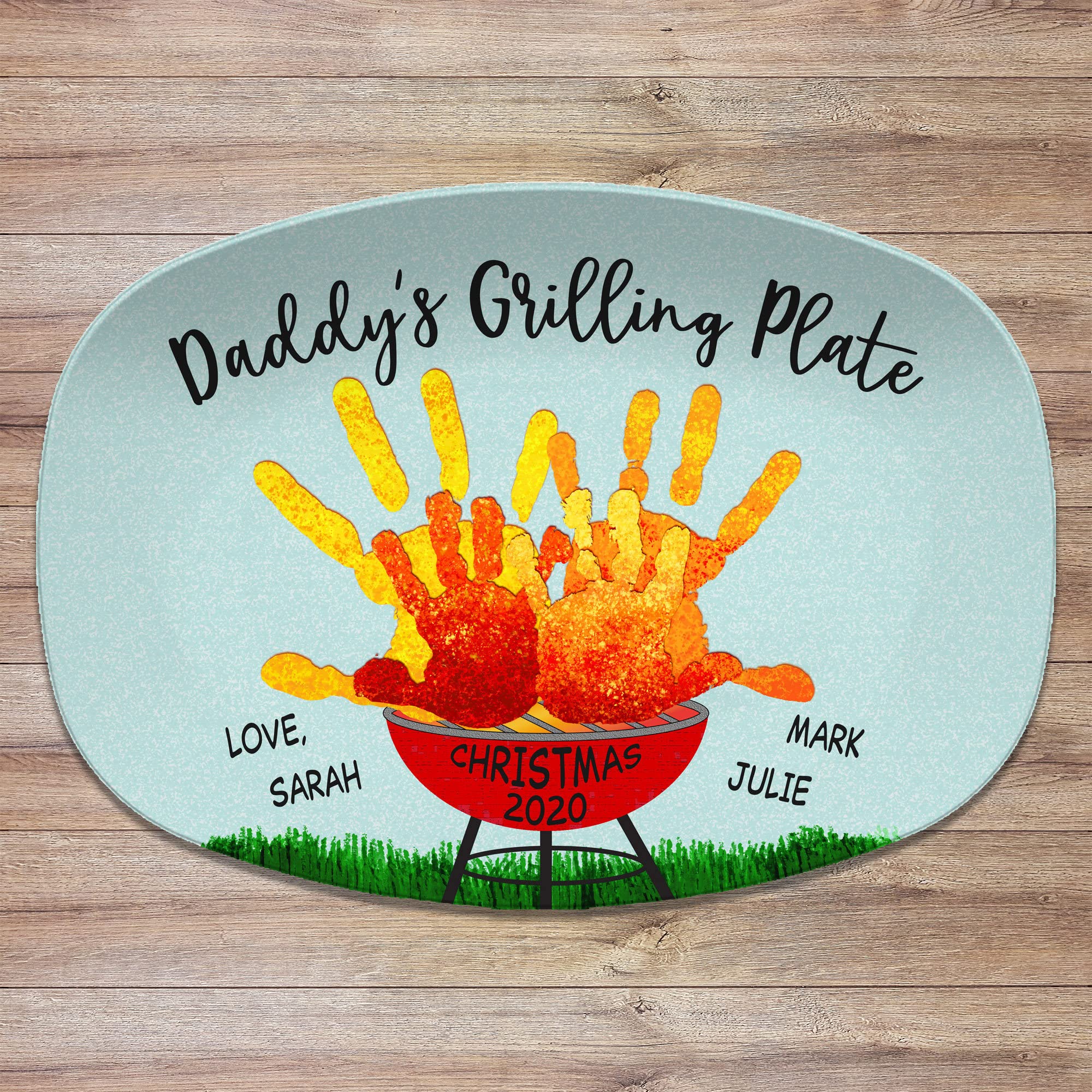 Camcam Handprint Custom Grilling Plate Personalized Platter For Father's Day Daddy's Handprints Of Dad And Son Daughter Serving Trays Plates Fish Dish, Steak, 10'' x 14''