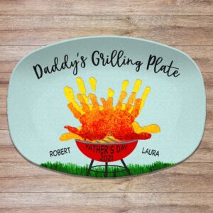 Camcam Handprint Custom Grilling Plate Personalized Platter For Father's Day Daddy's Handprints Of Dad And Son Daughter Serving Trays Plates Fish Dish, Steak, 10'' x 14''