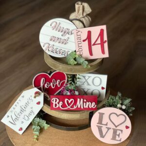 7pcs valentines day decorations for the home wooden rustic tiered tray decor for table house kitchen shelf coffee bar (white&pink&red, one size)