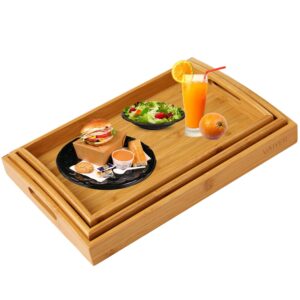 draizee 3 piece set wooden bamboo breakfast serving tray with handles, for food, breakfast, dinner, ottoman coffee table, parties, restaurants