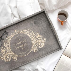 Maverton Engraved Serving Tray for Woman - Bed Breakfast Desk for her - Gray Tray with Folding Legs - Wooden Tablet Lap Stand for Birthday - Customized Gadget for Lady - Rules