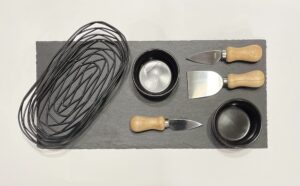 slate serving set | 8 pieces - 1 black slate 15x7.5 serving board with soapstone, 2 ceramic ramekins, 3 cheese knives with wooden handles and 1 wire basket | charcuterie, appetizers, desserts