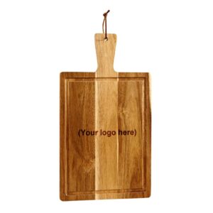 creative gifts international acacia wood carving board, charcuterie board with handle and lanyard, beveled edge, 17" x 9.75", cutting board wedding gift, customized & personalized image or logo