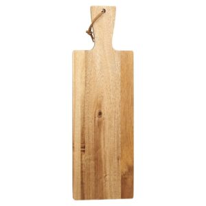 creative gifts international acacia wood bread board, charcuterie board with handle and lanyard, beveled edge, 17.25" x 5.5", gift boxed