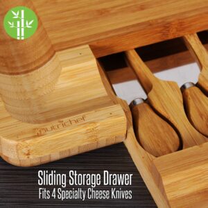 NutriChefKitchen Bamboo Cheese Board Set - Bonus Condiment Cup and 4 Stainless Steel Knives