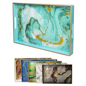 leemxiiny blue marbling decorative tray with handles, morden plastic rectangular serving tray for coffee table, bathroom, ottoman, home decor, 15.7"* 10.2"* 1.38"