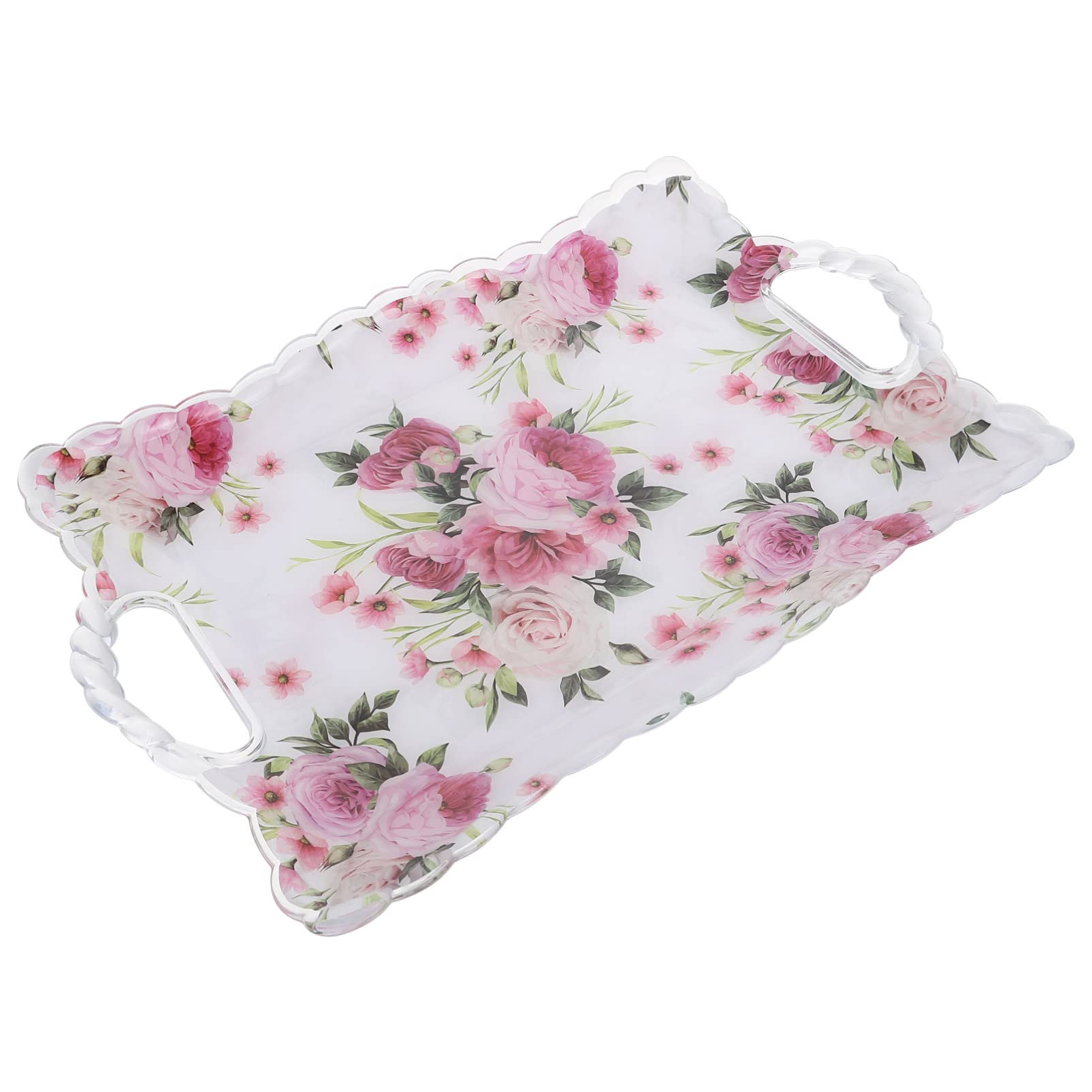 Cabilock Square Food Tray with Handle Floral Pattern Fruit Plate Snack Dessert Tray Pastry Plate Spill Proof Plastic Serving Tray Food Veggie Fruit Coffee Organizer Tray for Kitchen Bathroom Home