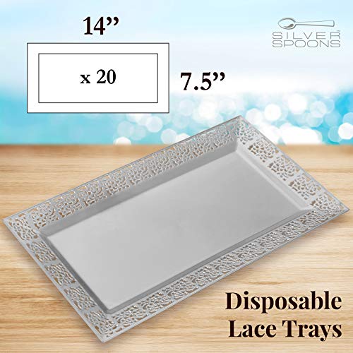 Elegant Lace Plastic Serving Trays (6 PC), Disposable Plastic Trays and Platters for Party - 14” x 7.5”, Serves Snacks, Charcuterie, Desserts, Sweets, Perfect for Upscale Wedding, and Dining - Silver