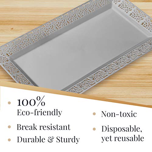 Elegant Lace Plastic Serving Trays (6 PC), Disposable Plastic Trays and Platters for Party - 14” x 7.5”, Serves Snacks, Charcuterie, Desserts, Sweets, Perfect for Upscale Wedding, and Dining - Silver
