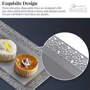 Elegant Lace Plastic Serving Trays (6 PC), Disposable Plastic Trays and Platters for Party - 14” x 7.5”, Serves Snacks, Charcuterie, Desserts, Sweets, Perfect for Upscale Wedding, and Dining - Silver
