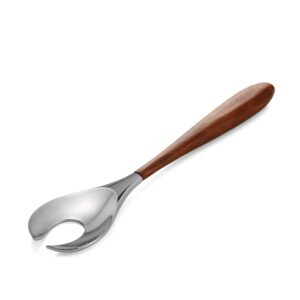 nambe - gourmet collection - curvo serving fork - measures at 13" - made with acacia wood and stainless steel - designed by steve cozzolino