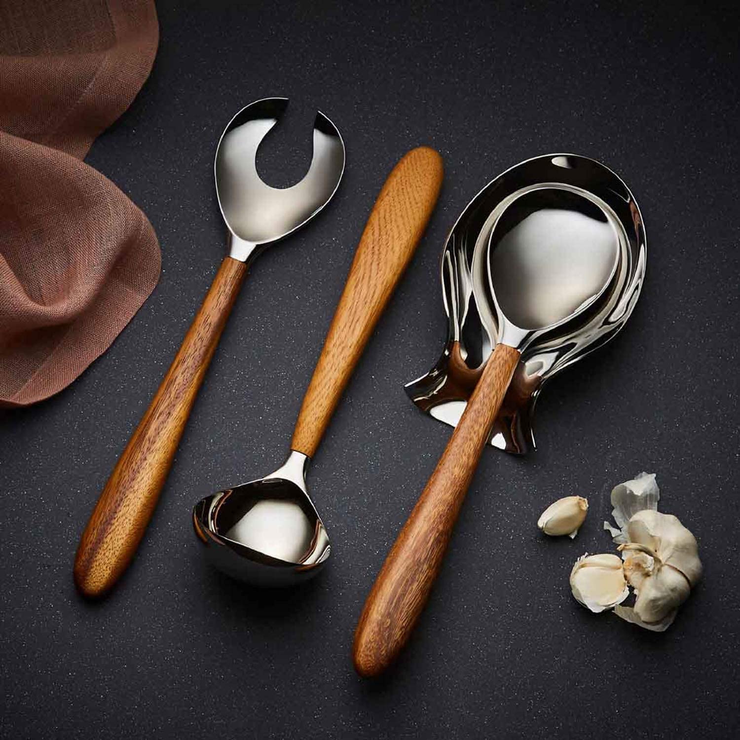 Nambe - Gourmet Collection - Curvo Serving Fork - Measures at 13" - Made with Acacia Wood and Stainless Steel - Designed by Steve Cozzolino