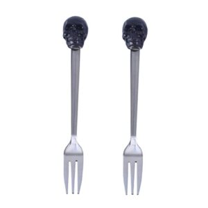 Hemoton 2pcs Salad Fruit Fork Stainless Steel Food Picks Metal Appetizer Sticks Western Salad Forks Black Outfit Dessert Three Prong Forks Black Metal Mixed Fruit Resin Skull Set