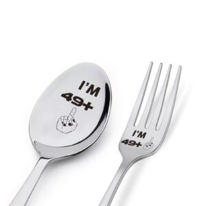 49 plus stainless steel spoon&fork for men women, funny turning 50years old day spoon&fork idea for wife friends sister coworker
