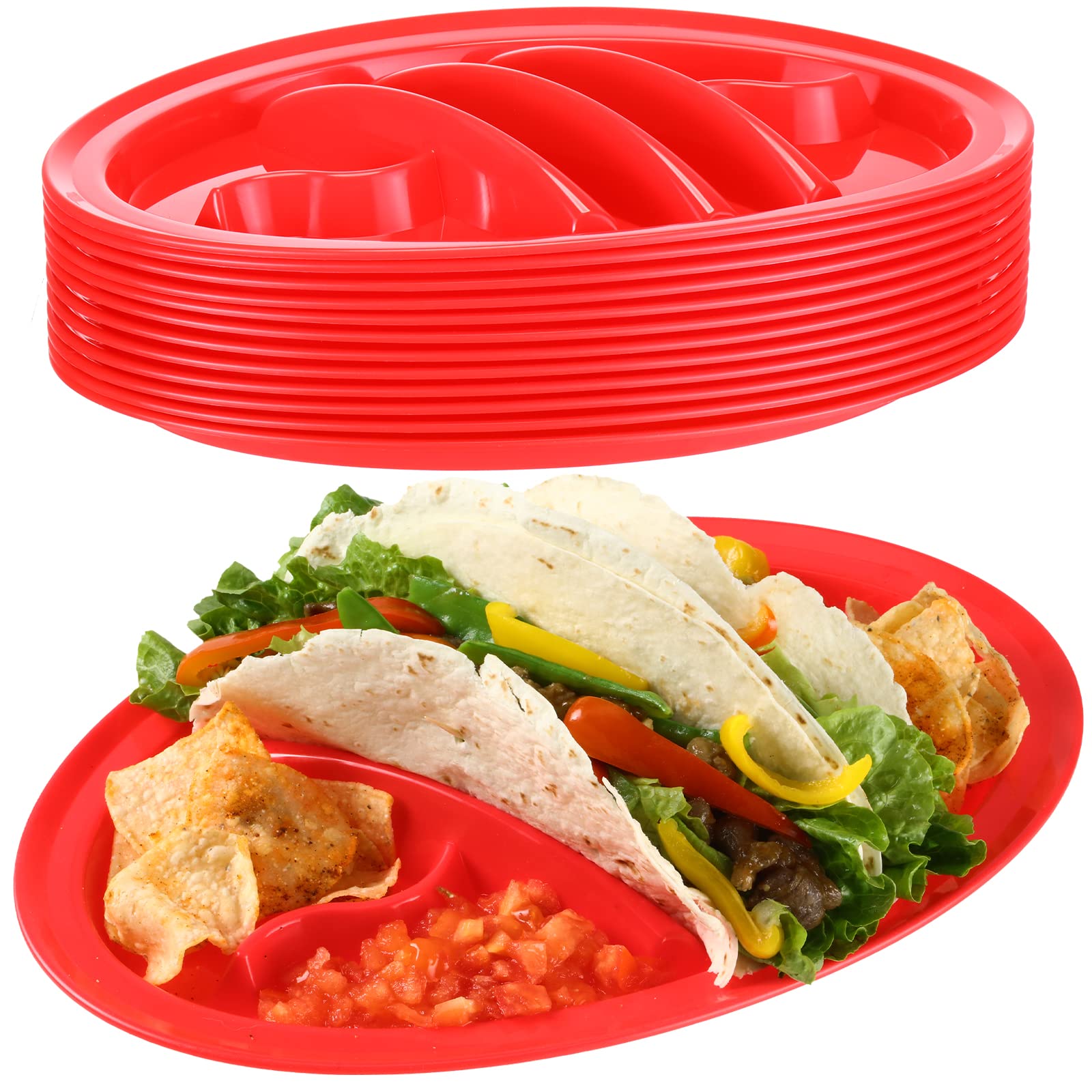 Patelai 12 Pcs Taco Plates Plastic Taco Serving Plates with 2 Taco Holders Plus 4 Compartments Divided Taco Tray for Soft & Hard Shell Tacos Tuesday Night Party Kids Fiesta Food (Red)