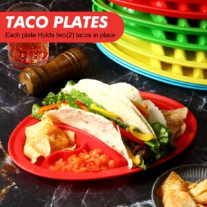 Patelai 12 Pcs Taco Plates Plastic Taco Serving Plates with 2 Taco Holders Plus 4 Compartments Divided Taco Tray for Soft & Hard Shell Tacos Tuesday Night Party Kids Fiesta Food (Red)