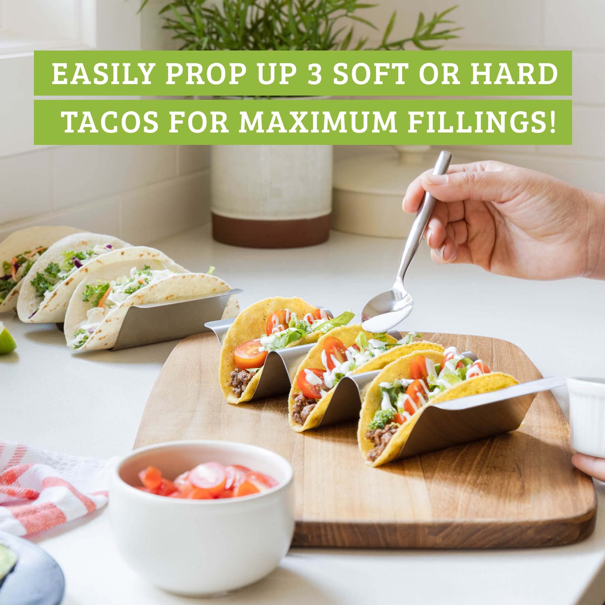 Chef Tacos Stainless Steel Taco Holder Set of 6 - Taco Stands with Handles, Dishwasher and Grill Safe Taco Rack, Taco Serving Set, BPA-Free Metal Taco Shell Holders