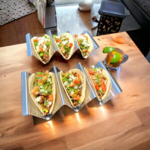 Taco Holders Set of 4 - Premium Large Taco Shells Plates Holds Up to 3 or 2 Tacos Each, Stainless Steel Very Hard and Sturdy, Dishwasher & Oven Safe