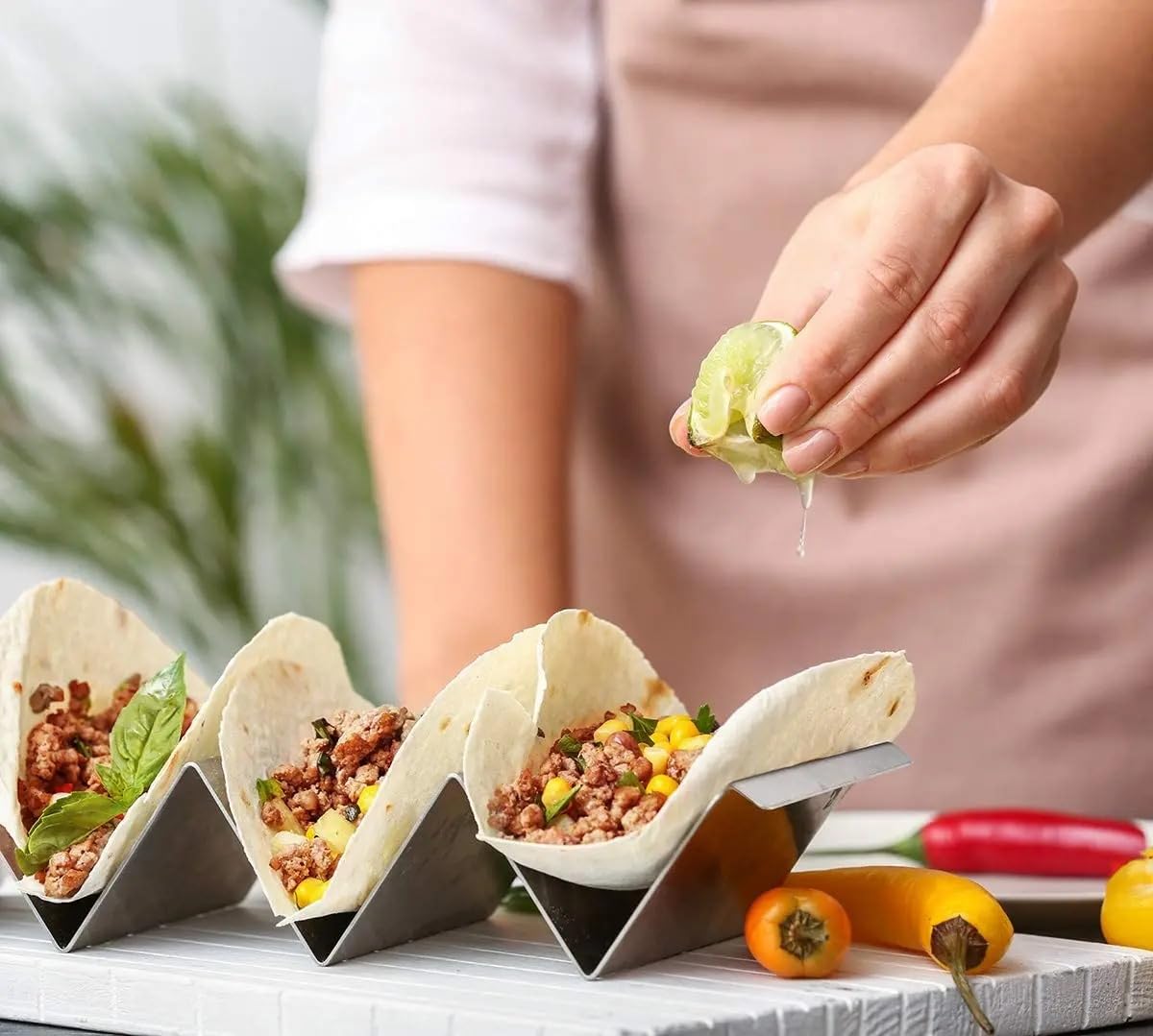 Taco Holders Set of 4 - Premium Large Taco Shells Plates Holds Up to 3 or 2 Tacos Each, Stainless Steel Very Hard and Sturdy, Dishwasher & Oven Safe