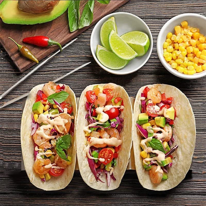 Taco Holders Set of 4 - Premium Large Taco Shells Plates Holds Up to 3 or 2 Tacos Each, Stainless Steel Very Hard and Sturdy, Dishwasher & Oven Safe