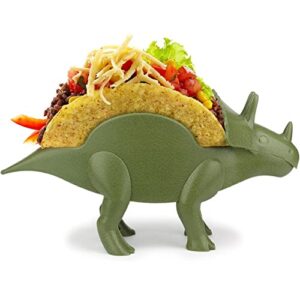 tricera taco holder ultimate dinosaur taco stand, holds 2 and spoon set, green