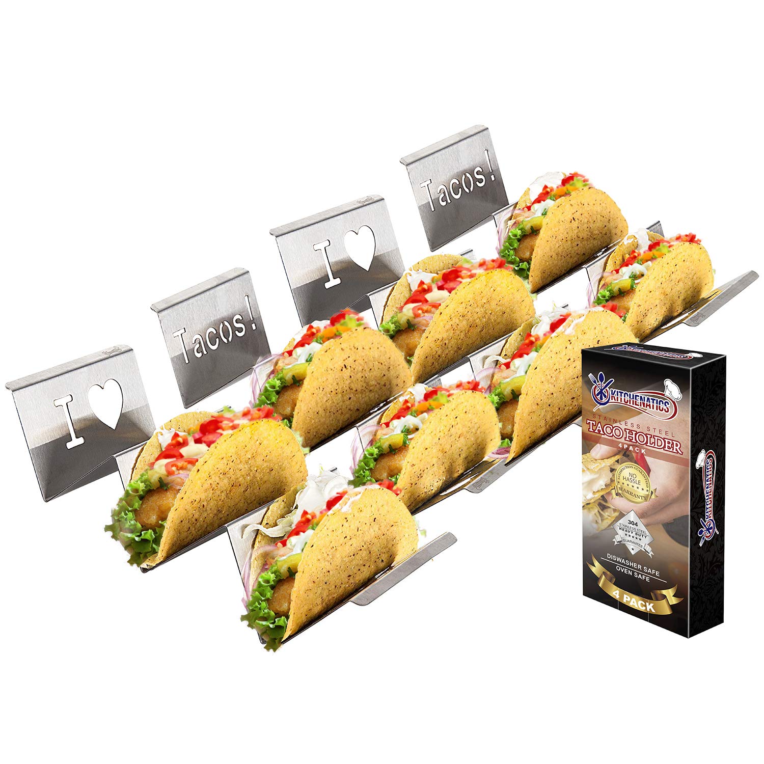 KITCHENATICS Stainless Steel Taco Holder Taco Stand - Metal Taco Tray Holders For Serving Tacos, Taco Plates, Taco Shell Mold - Grill, Oven & Dishwasher Safe Taco Holder Stand - Taco Holders Set of 4