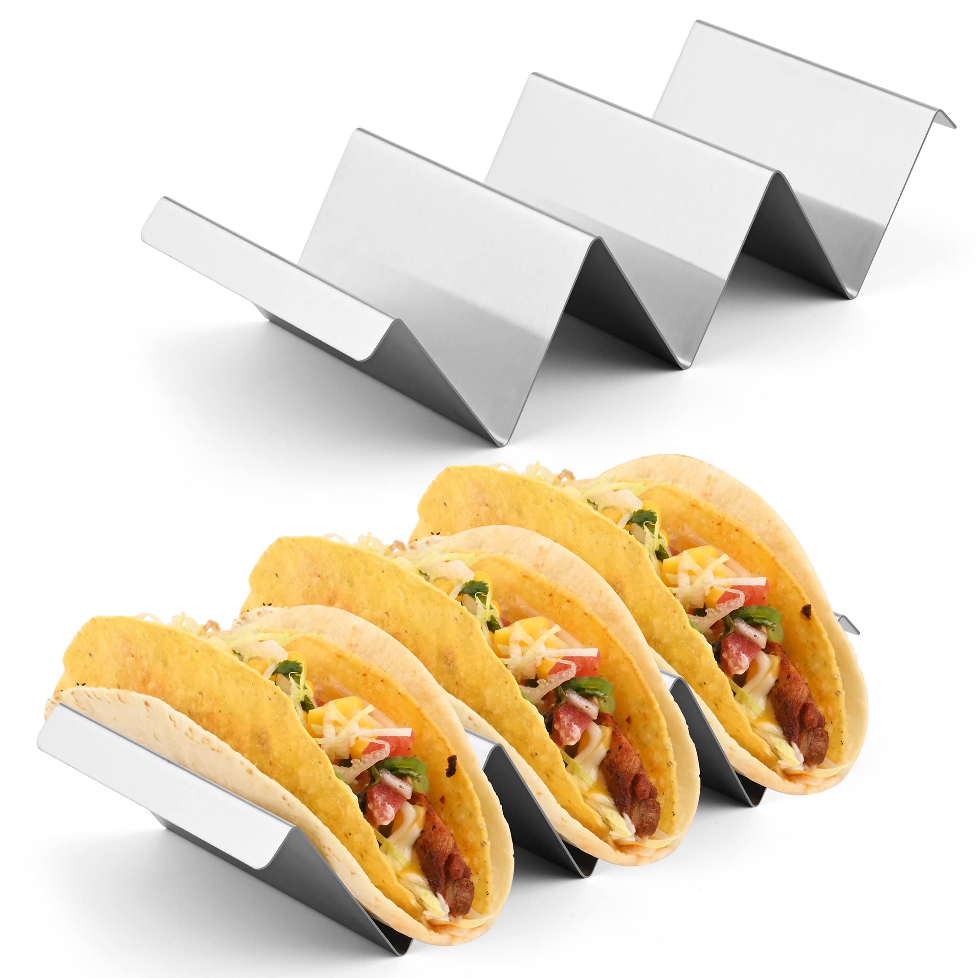 Smithcraft Taco Holder, Stainless Steel Taco Holders Stand Set 2, Metal Taco Shell Holder Mold, Oven Grill Safe Taco Rack Tray Holder With Handle, Fill Serve Holds Up to 3 Tacos Each Taco Plate