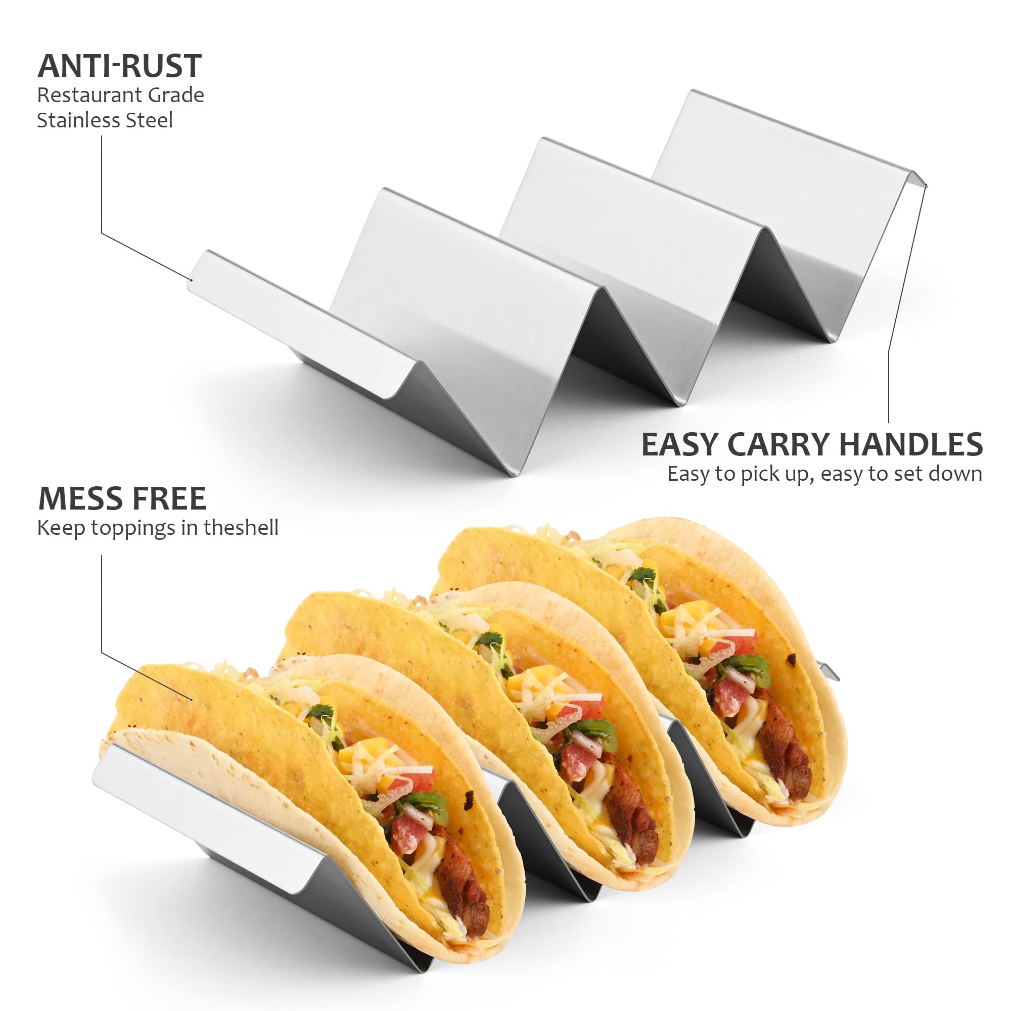 Smithcraft Taco Holder, Stainless Steel Taco Holders Stand Set 2, Metal Taco Shell Holder Mold, Oven Grill Safe Taco Rack Tray Holder With Handle, Fill Serve Holds Up to 3 Tacos Each Taco Plate