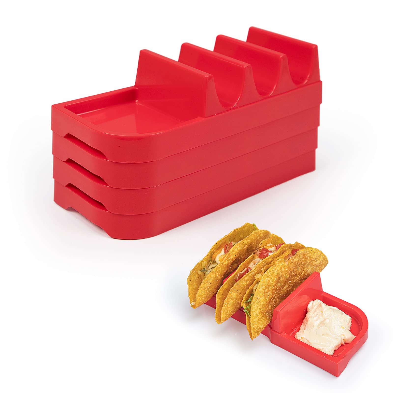 SUICGYU Taco Holders Set of 4,Taco Plates with Dividers for Taco Night Party,Colorful Taco Rack for Tortilla,Burritos, Nachos, Fajitas(Red)