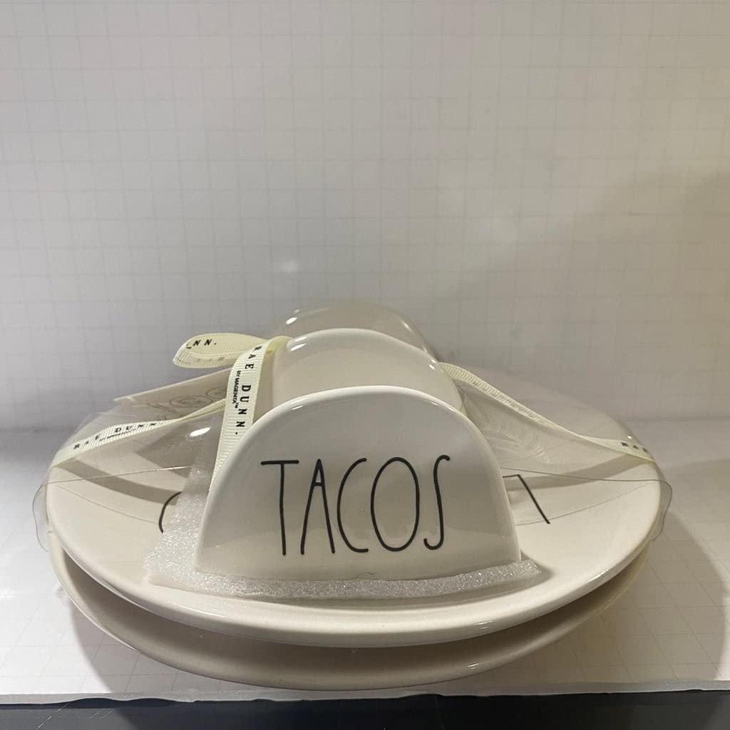 Rae Dunn TACOS Holder + LET'S TACO BOIT IT Plate set (1 Taco holder + 2 plates) Ceramic - Dishwasher and Microwave safe