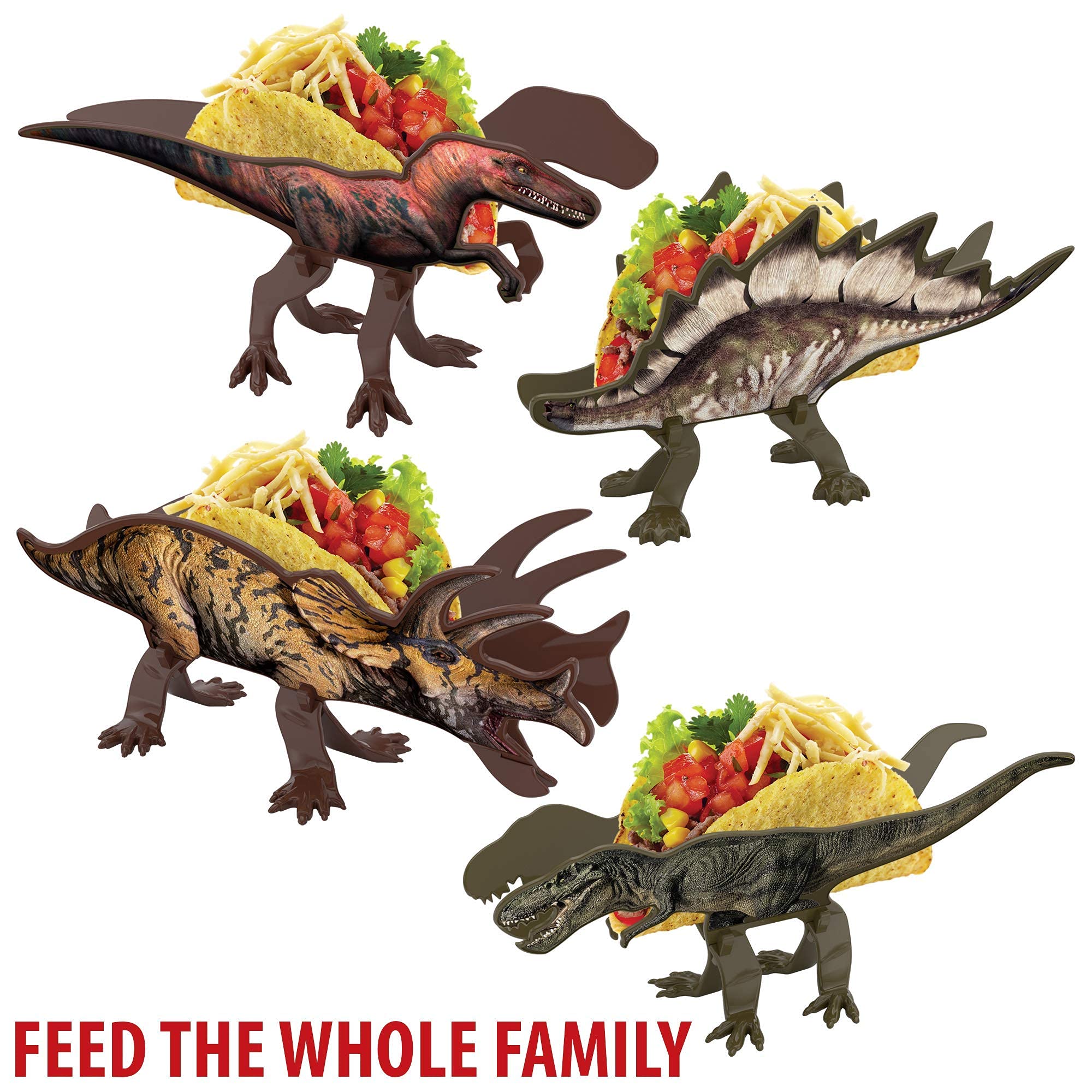 Funwares Dinosaur Taco Holders - TriceraTaco Ultimate Stand and Set of 4 Dinos that Fold Flat for Compact Storage