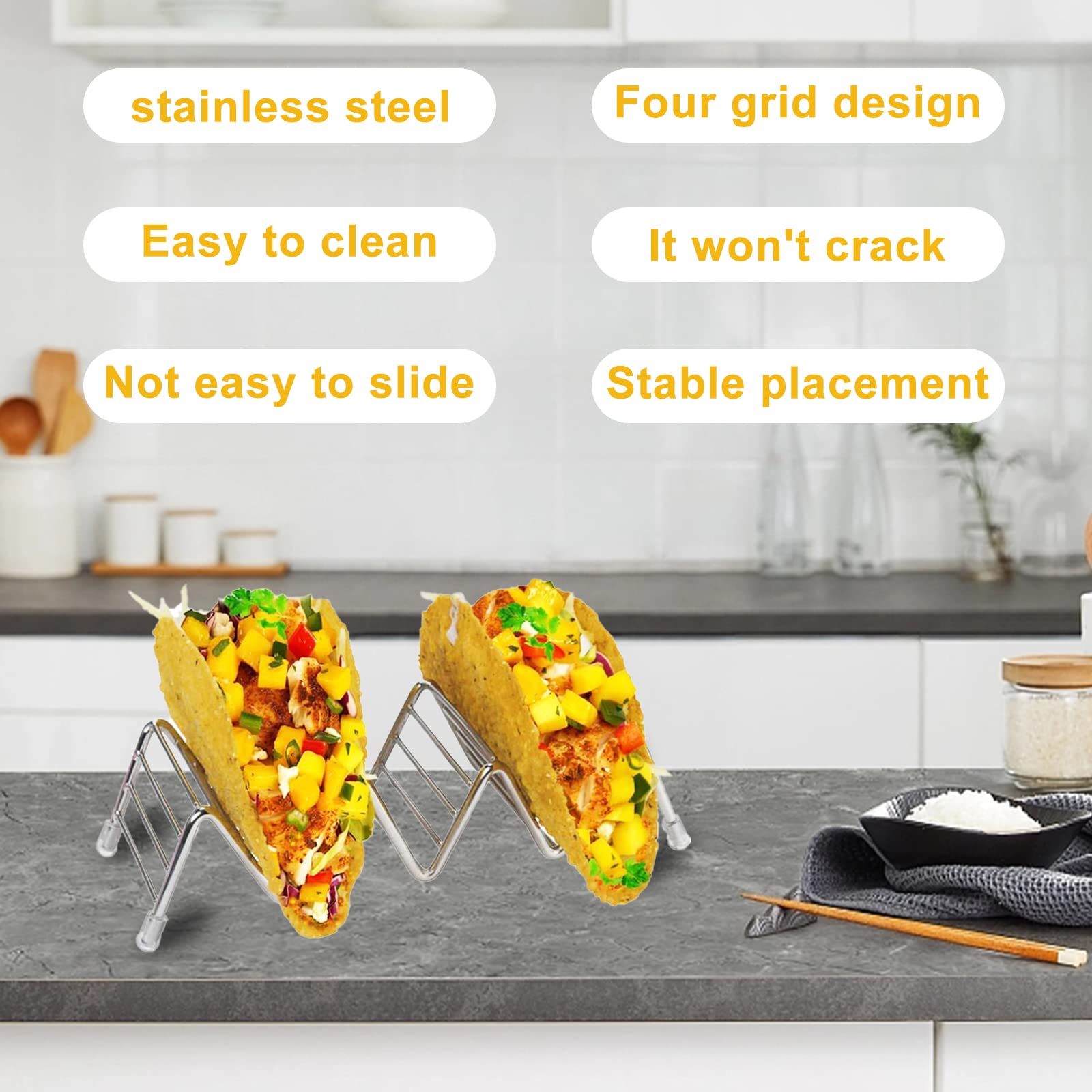 MEKBOK Taco Holder, taco holder stand,Stainless Steel Taco Rack, Good Holder Stand on Table, Hold 3 or 4 Hard or Soft Shell Taco, Safe for Baking as Truck Tray- Set of 3