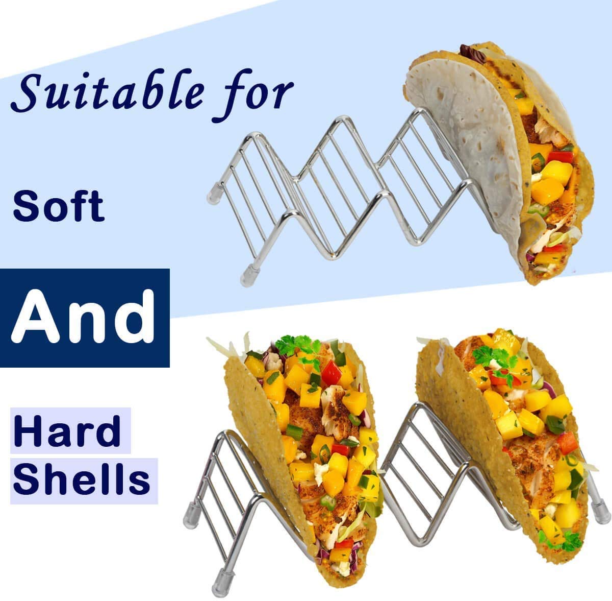 MEKBOK Taco Holder, taco holder stand,Stainless Steel Taco Rack, Good Holder Stand on Table, Hold 3 or 4 Hard or Soft Shell Taco, Safe for Baking as Truck Tray- Set of 3