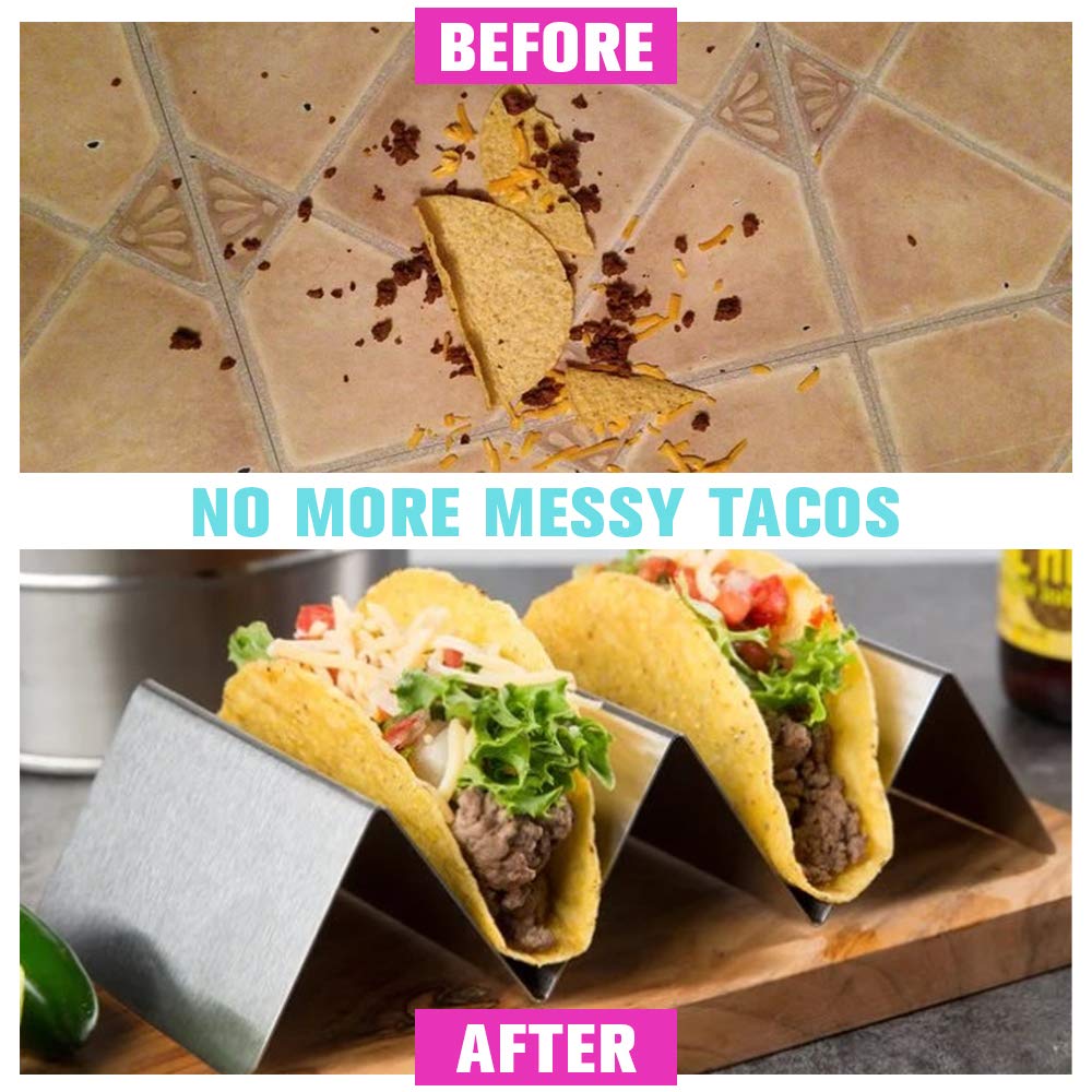 Taco Holders Stainless Steel Set of 4 - Stylish Taco Stand Up Holders for The Family - Reliable Grill and Oven Safe Taco Shell Holders Rack - Taco Holder Tray Stands for Taco Tuesday